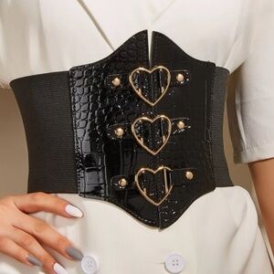 Black Leather Gold Heart Corset Belt
